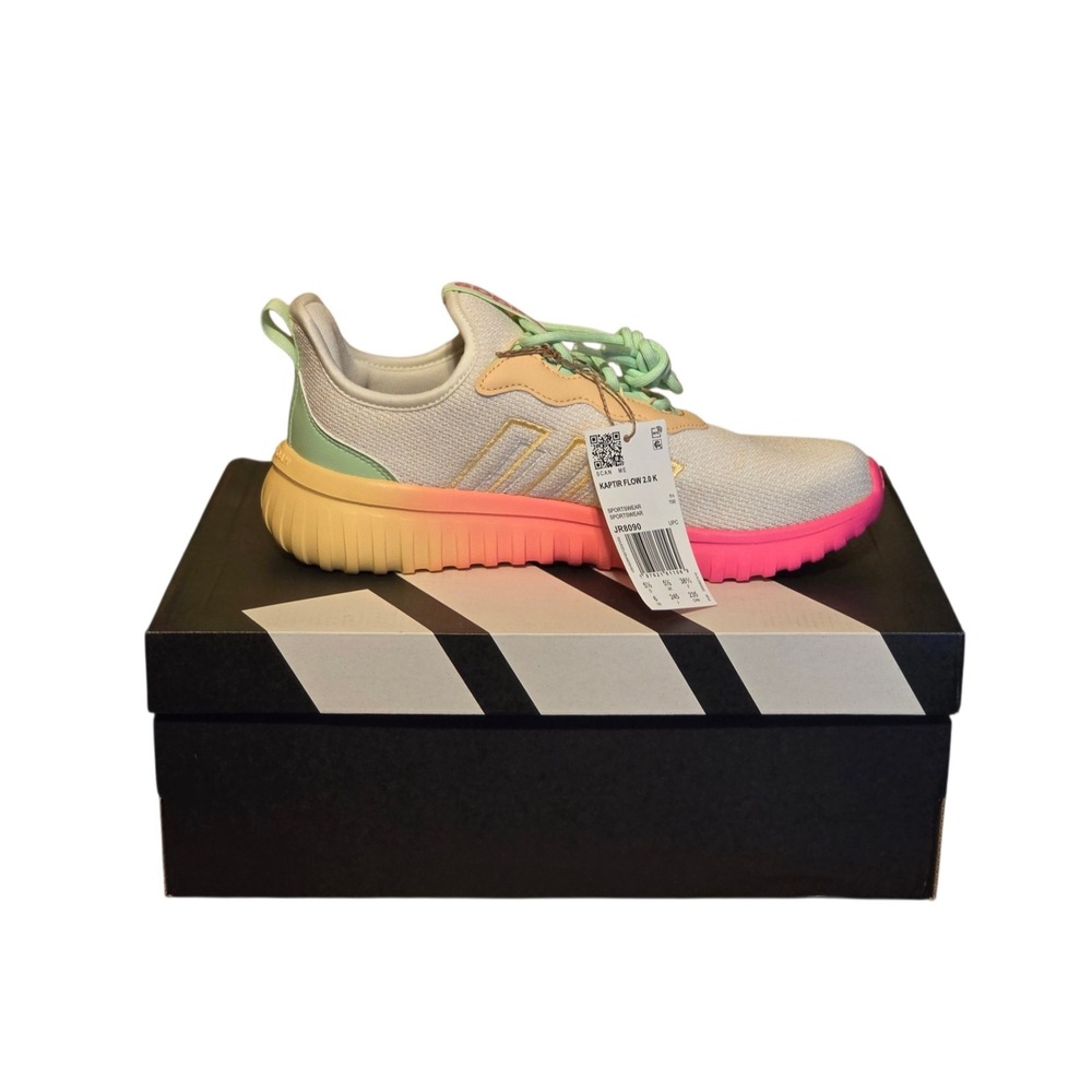 NIB Adidas Kaptir Flow 2.0 K Womens Sneakers White Pink Yellow JR8090 Size 6